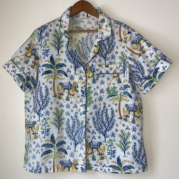 Printfresh Cotton Poplin Short Sleeve Notch Collar Pajama Top courtyard camel M - Picture 2 of 7